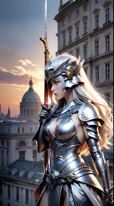 ((Two women, standing on ruined buildings, close-up, realistic)) realistic visuals, artistic refinement, captivating beauty, dramatic contrasts, 8k wallpapers, absurdity, incredible absurdity, golden armor, gadaxintai gaodanvshen, (holding silver sword)), ...