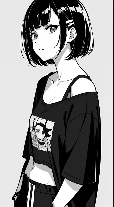 Girl, side portrait, black and white, Messy Short Hair, Spicy accessories,Sporty style, Casual T-shirt, Confident gaze, Monochrome color scheme, looking at the side, Chic street fashion, Sloppy hands in pockets posing,cap,((person)),hairpin