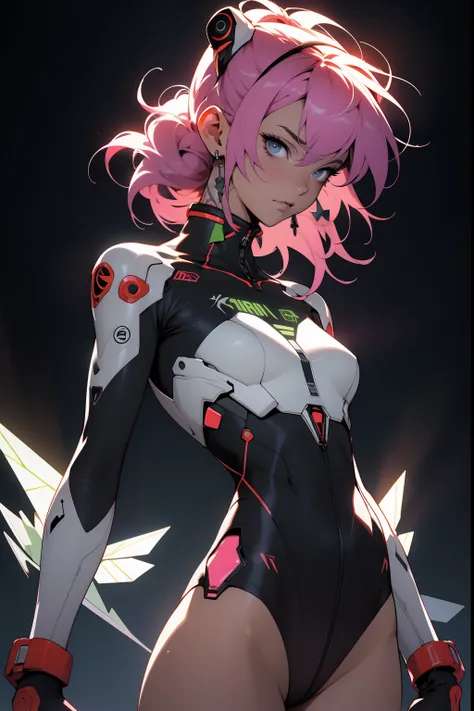 （（best qualtiy））， （（tmasterpiece））， （A detailed： 1.4）， （absurderes）， 35 year old adult woman with Simon Beasley style miniature thong， Genesis Evangelion neon style costume， 2 piece clothes， Colored pink hair， tattoos on the arms， cybernetic hand， downy， a...