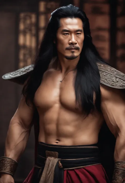 Long black hair, Ancient Chinese clothing, Middle-aged man, Muscular, Big man