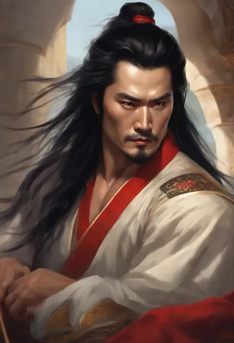 Long black hair, Ancient Chinese clothing, Middle-aged man, Muscular, Big man