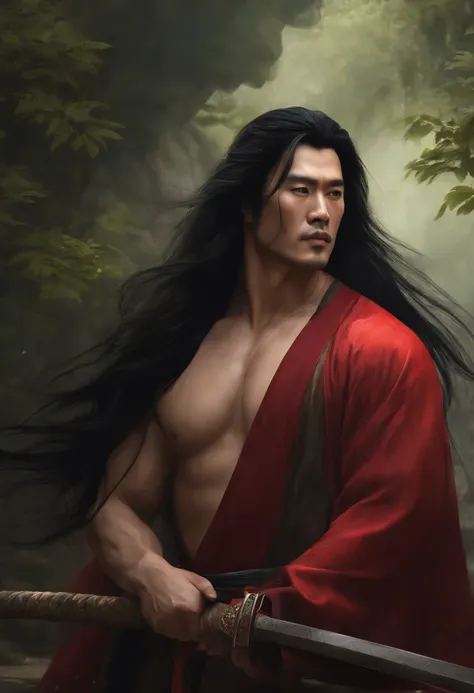 Long black hair, Ancient Chinese clothing, Middle-aged man, Muscular, Big man