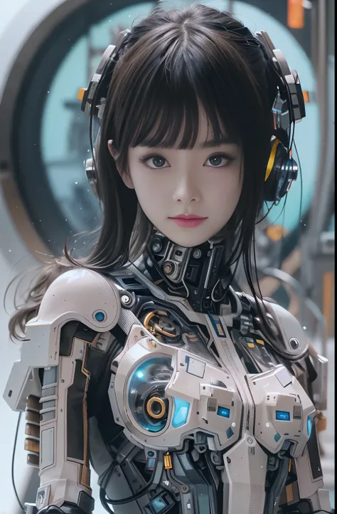 close up portrait of woman in futuristic suit with headphones, cute cyborg girl, beautiful girl cyborg, perfect android girl, cy...