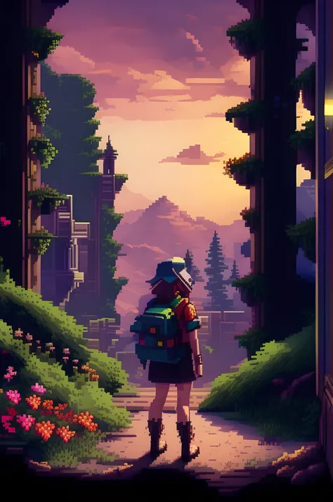 Pixel-Art Adventure featuring a Girl: Pixelated girl character, vibrant 8-bit environment, reminiscent of classic games