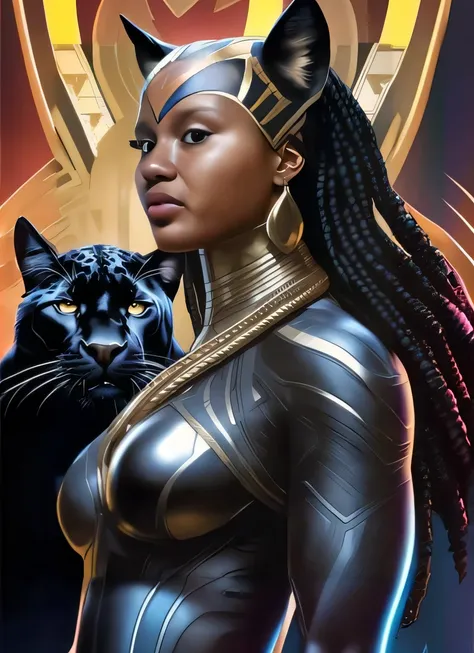 uma mulher em um terno de gato preto com um gato em seu ombro, Wakanda, pantera negra, Chris Moore. Artgerm, trending artgerm, Retrato de Ororo Munroe, A leoa preta lisa, Directed by: Mark Brooks, por stanley Artgerm, darkpowerful elegante, Artgerm extrema...