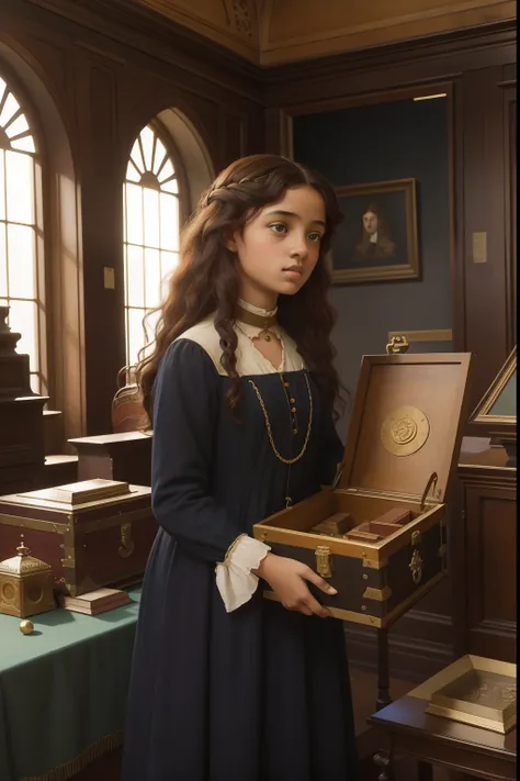 pre-raphaelite scene of a 15-year-old black girl exploring an ecclectic crowded museum room and opening an mysterious treasure chest with wonder, 1911 wool dress