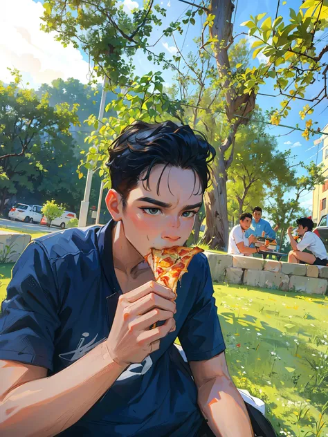 ((Best Quality, 8K, Masterpiece: 1.3)), there is a man sitting on the grass eating a slice of pizza, eating pizza, eating a pizza, munching pizza, holding pizza, eating outside, eating, 🥥 🍕 hybrid, eating a pizza margherita, pizza!, pizza, at a park, holdi...