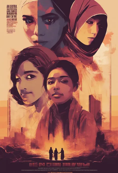 Design a heartfelt and emotionally charged movie poster that encapsulates the complexities of a love triangle. Show the protagonist torn between two malay women in hijab, each with their own unique qualities and personalities. Use color, composition, and e...