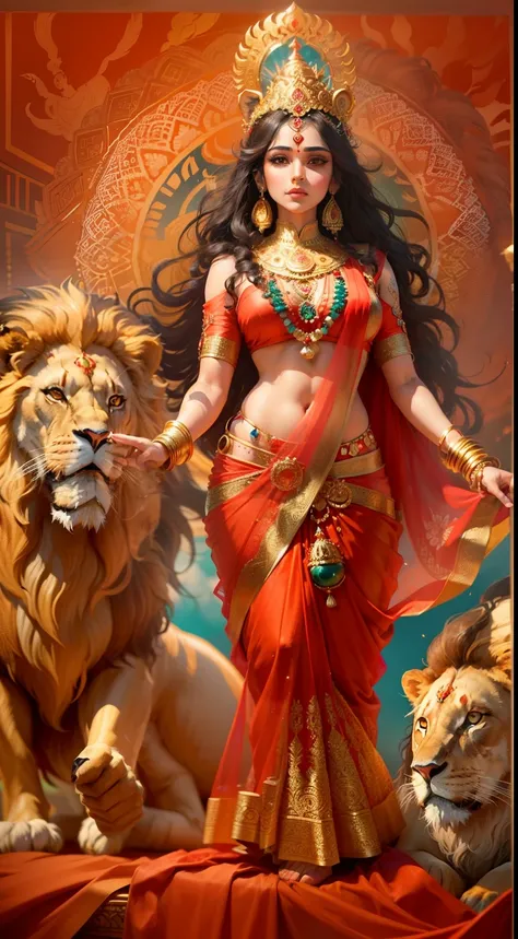 (highly detailed), (illustration), (intricate), (beautiful face), (attractive body), (complete body picture), modern indian goddess, Hinduism, (transparent red saree), dynamic pose, deity crown, (lion standing nearby), colorful, eye-catching, heavenly.