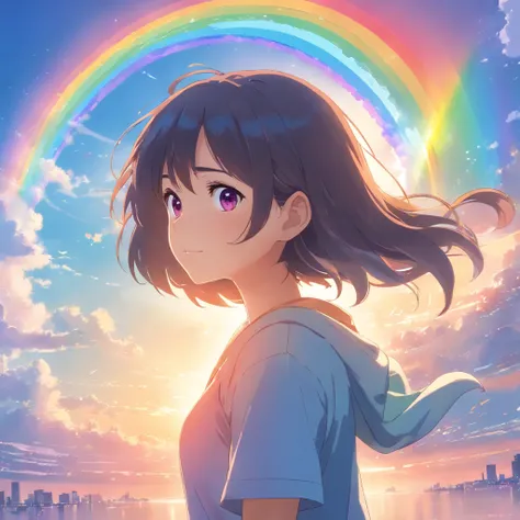 masterpiece, best quality, movie still, 1girl, cloud girl, floating in the sky, close-up, bright, happy, warm soft lighting, sunset, (sparks:0.7),, dynamic pose, cyber, black hair, harajuku charms, harajuku style, purple eyes, plaster on nose, (((rainbow))...