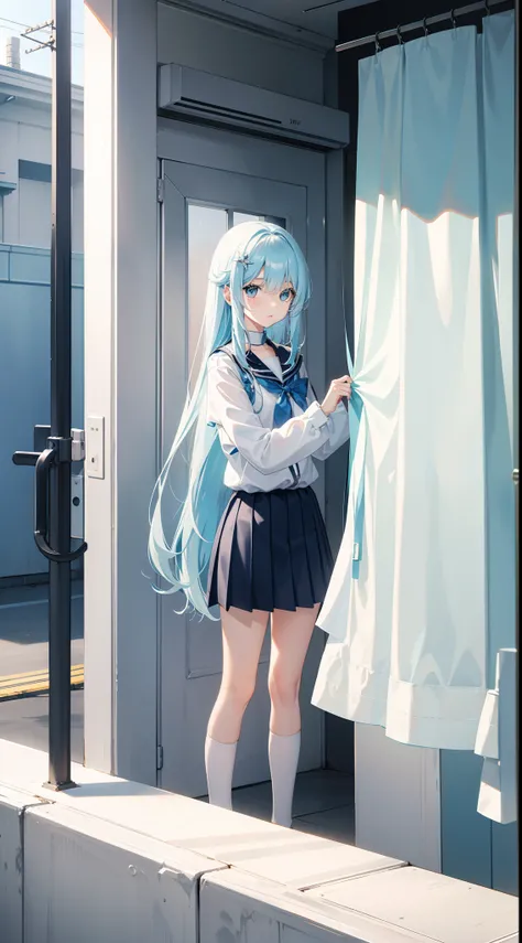 ，Long light blue hair，It was like freshly washed，The eyes are slightly lighter than the color of the hair，A little loli like an idol，in school uniform，Medium build，Stand in the restroom