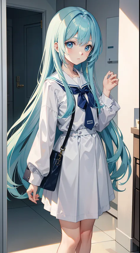 ，Long light blue hair，It was like freshly washed，The eyes are slightly lighter than the color of the hair，A little loli like an idol，in school uniform，Medium build，Stand in the restroom