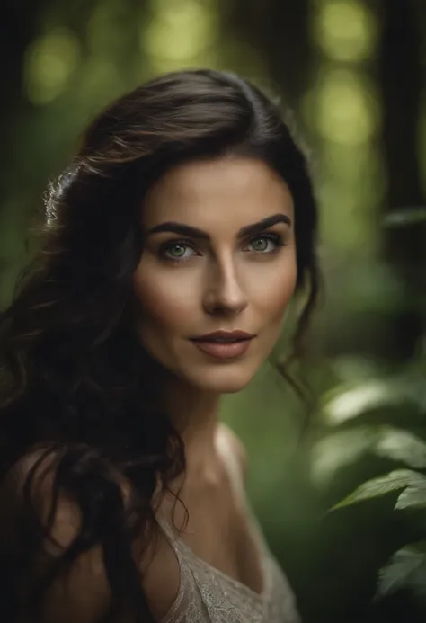 A close-up of a gorgeous STUNNING beautiful woman with cascading locks of dark hair, standing in a lush forest glade, her green eyes sparkling with joy.