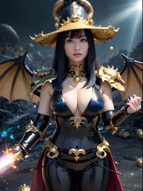 ((World of Darkness)),Professional , ​masterpiece、top-quality、photos realistic , depth of fields 、(((With a magic wand of gems))),（Dragon Black Metal Body:1.４),(latex black-blue、（cleavage of the breast）、Dragon Gold Weapon、(((Particles of light))),（Micro Bi...