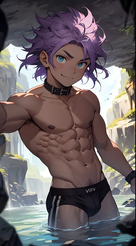 (masterpiece, best quality), 1 juvenile，Young boy，Keep your eyes wide open，largeeyes，a baby face，Juvenile faces，Kids face，nakeness，ssmile，Huge amethyst，Amethyst Cave，Caves in the water，Flat chin，Clear briefs，bare pectorals，Short purple hair with a very lig...