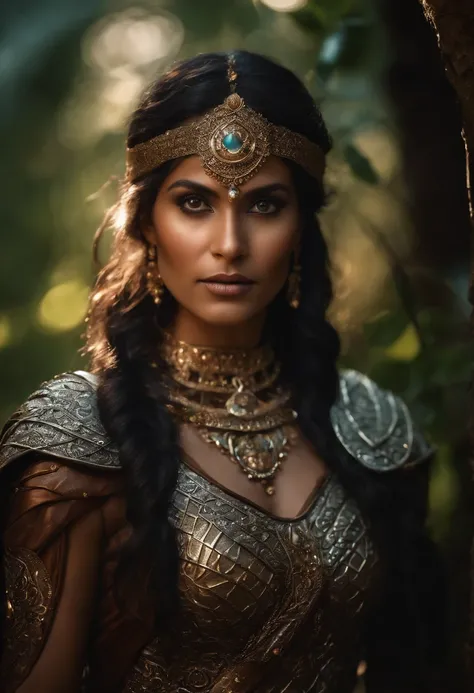 fantasy image, intricately detailed photograph of a druid hindi woman wearing druid armor, ((glowy eyes)), ((ethereal glow of magic spells)) shiny metal pieces, holographic glow, light particles, roses, hyperdetailed skin, defiant gaze shot on dslr camera,...