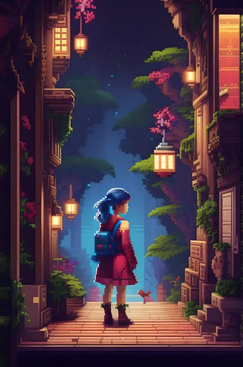 Pixel-Art Adventure featuring a Girl: Pixelated girl character, vibrant 8-bit environment, reminiscent of classic games