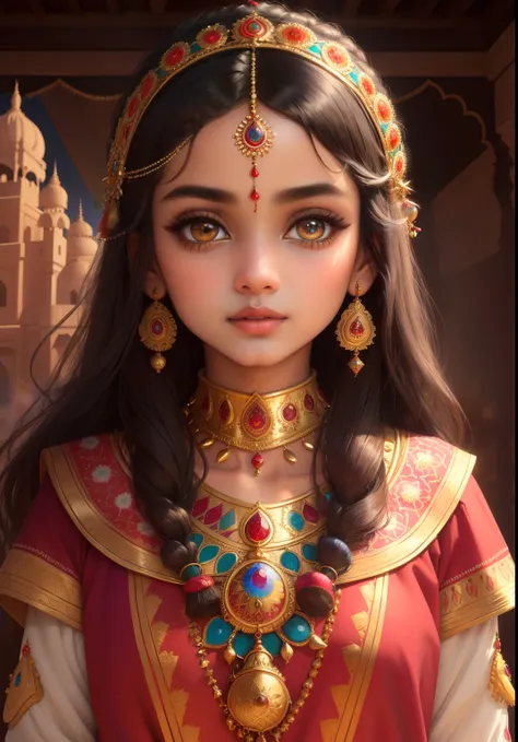 (masterpiece,best quality,ultra-detailed,best illustration:1.2),Rajasthani painting Pixar style,beautiful detailed eyes,beautiful detailed lips,extremely detailed eyes and face,longeyelashes,1girl,shy expression,traditional Rajasthani costume,golden orname...