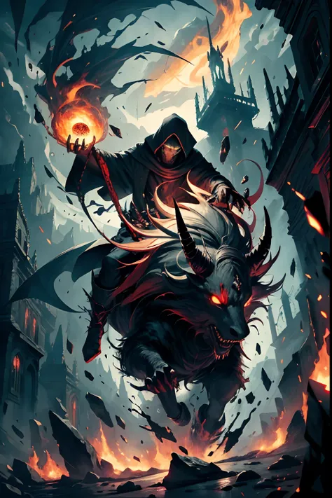 (highres, ultra detailed, HDR), masterpiece, best quality, an assassin riding on demon with a giant eyes, in arrogant look, solo, demon eyeball, giant eyeball, disgusting, black demon, handsome, red eye, glowing eye, black robe, earring and accessory, arro...