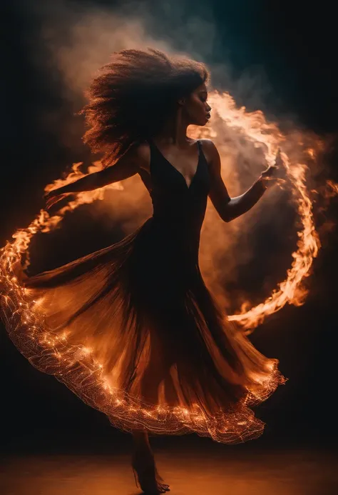 stroboscopic image: full body of a very fast spinning black female dancer with dress on fire, similar to Alicia Keys, extreme long hair, flickering light, rim lighting, multiple exposure, 100-times exposure, stroboscopic 10 Hz, aurora borealis color palett...