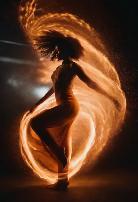 stroboscopic image: full body of a very fast spinning black female dancer with dress on fire, similar to Alicia Keys, extreme long hair, flickering light, rim lighting, multiple exposure, 100-times exposure, stroboscopic 10 Hz, aurora borealis color palett...