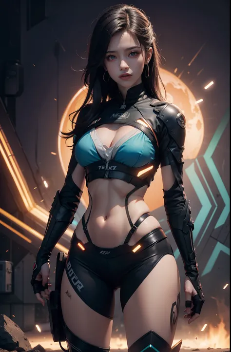 （（melhor qualidade））， （（tmasterpiece））， （um detalhado：1.4）， ......3d， Belas imagens de mulheres cyberpunk，vestindo jaqueta azul ，cabelos com mechas coloridas desarrumados , olhos azuis , pernas grossas e volumosas , visible and defined belly , HDR（HighDyna...