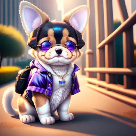 ，masterpiece, best quality，8k, 超高分辨率，in this trendy city，a puppy dressed in a fashionable costume caught everyone's attention。it...