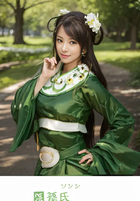 Smiling woman in green dress with flowers in hair、a park