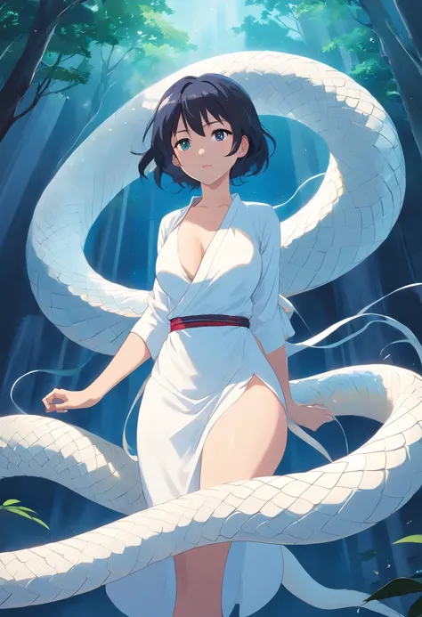 A large white snake slipped off，Mystical aura, surreal atmosphere,（Chinese Folk Suspense, terrorism, Supernatural cartoon style）， hyper quality，hyper HD，4K, mature woman, curvy chubby, cleavage