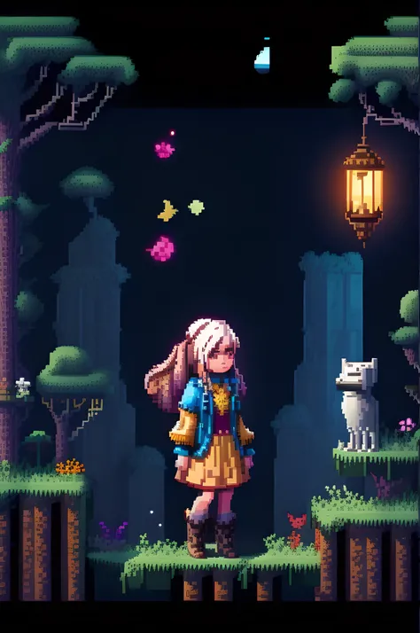 Pixel-Art Adventure featuring a Girl: Pixelated girl character, vibrant 8-bit environment, reminiscent of classic games