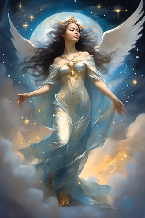 A woman with wings flying through the sky, de anjo lindo, anjo bonito, anjo feminino bonito, Retrato de um anjo bonito, cheio de pinturas de anjos, Ethereal Angelic Being of Light, Deusa Celestial, Um Anjo da Luz do Amanhecer, Anjo majestoso de corpo intei...