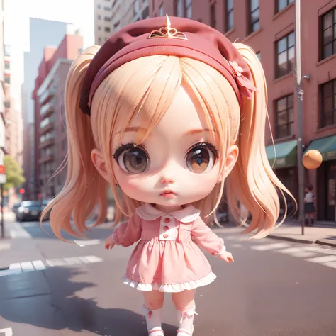 Cute Baby Chibi Anime、(((chibi3d))) (best quality), (masterpiece)、Chibi Career Woman、Streets of buildings in Manhattan、Small face、A detailed face、