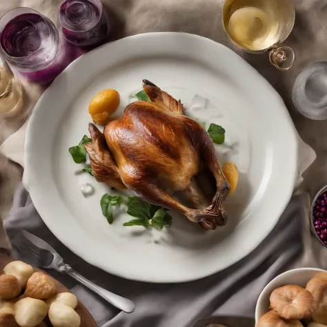 A background photo representing a traditional Martini roast goose. The image should portray a single, crisply roasted goose, freshly taken from the oven, displayed on elegant dishware. Emanating from the roast goose should be a visible stream of steam. Acc...