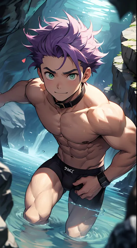 (masterpiece, best quality), 1 juvenile，Young boy，Keep your eyes wide open，largeeyes，a baby face，Juvenile faces，Kids face，nakeness，ssmile，Huge amethyst，Amethyst Cave，Caves in the water，Flat chin，Clear briefs，bare pectorals，Short purple hair with a very lig...