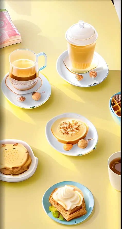 Aravis and waffles were placed on the table，And a cup of coffee, toasting, designed for cozy aesthetics!, warm and joyful atmosphere, product introduction photos, product design shot, zun, Taiwan, fan favorite, enjoyable, arte mista, Morning mood, Cheerful...