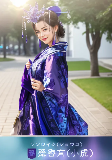 Close up portrait of smiling woman in blue and purple dress,a park