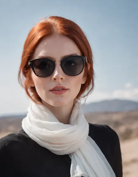 red-haired woman in black clothes and white scarf, extreme low-angle shot, clear sky in the background, red sunglasses, model pose, sunny day, high quality photo