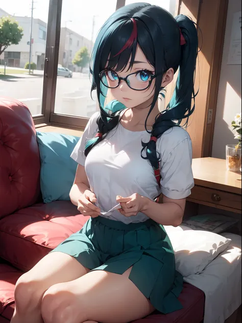 Juniper Montage, Juniper from My little pony, medium breasts, small breasts, five fingers, detailed hands, two hair tones, hair color turquoise and dark turquoise, twin tails hairstyle, glasses, red sofa, bangs obliquely, blue eyes, film coil hairpins, sol...