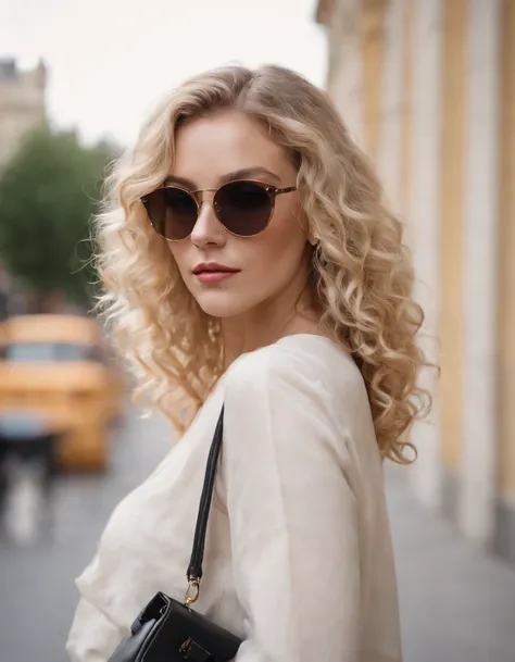 blonde woman with curly hair poses on the street, wearing sunglasses and a handbag, photo taken with provia, in the style of ultrafine detail, high quality photo, 105 mm f/2.4