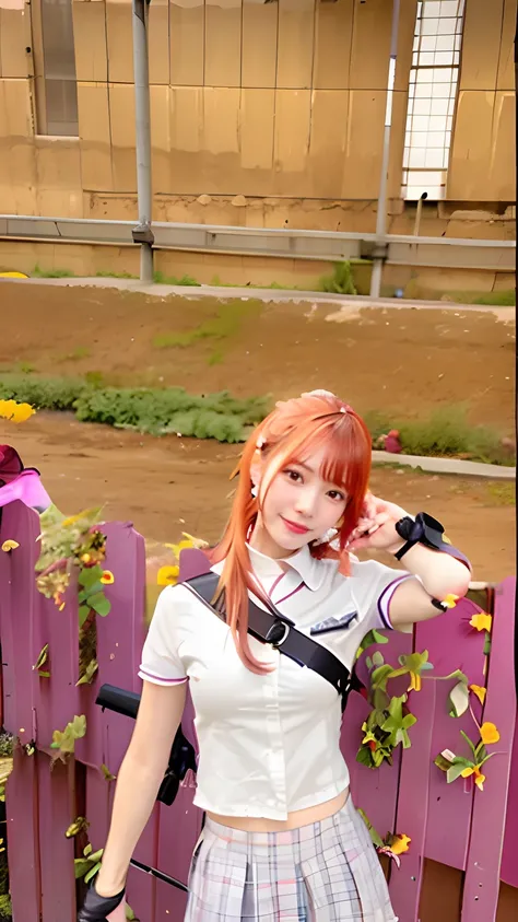 there is a woman with a gun in a field of flowers, in-game, in - game, in game, <mmorpgs scene, sakimichan, holding a pudica pose, red hair, uniform, purple skirt, white shirt, realistic detail, 70mm lens, black glove, backpack,