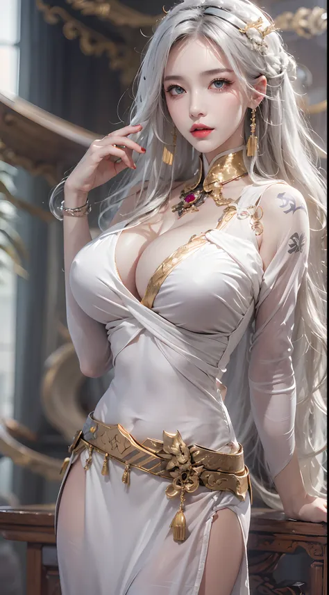 Photorealistic, high resolution, 1 woman, Hips up, Beautiful eyes, Long hair, ringed eyes, jewelry, tattoo, goldendragon hairstyle, outfit-goldendragon, white hair, china dress,cleavage