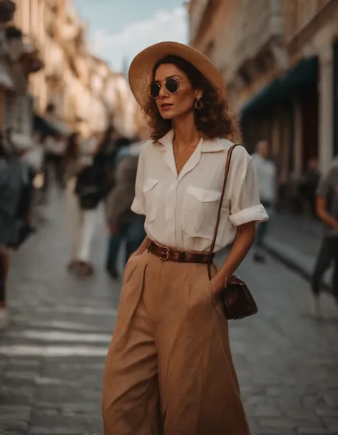 woman dressed casual, casual mood, with oversized retro clothes, walks in the street, low angle shot, half length shot, sunny day, high quality photo