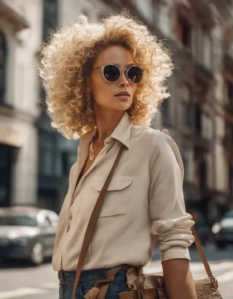 blonde woman with curly hair poses on the street, wearing sunglasses and a handbag, photo taken with provia, in the style of ultrafine detail, high quality photo, 105 mm f/2.4