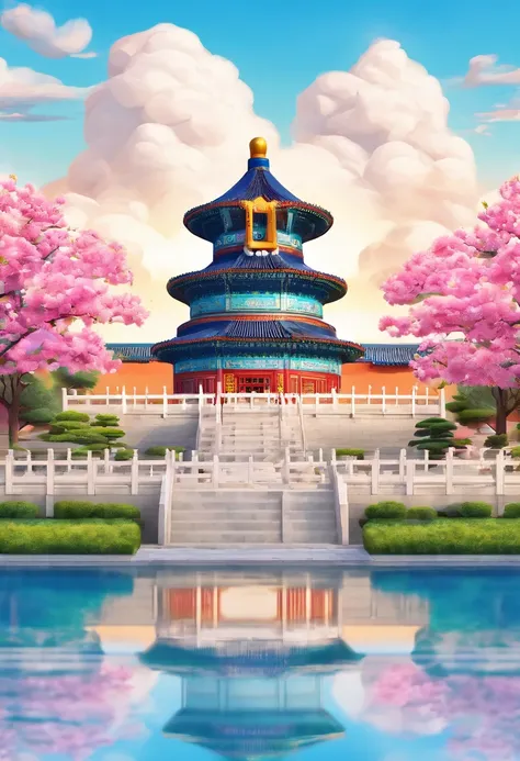 The Temple of Heaven in Beijing, Novel illustration, Building complex, High contrast,Tilt-Shift, (peony flower:1.3), (White clouds:1.5),(Small house on the white cloud), Soft lighting，Oriental elements, Dreamy, Pastel colors, Bright colors, Traditional Chi...