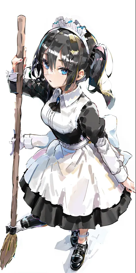 caricature of a woman holding a broom in a maid outfit, anime girl in a maid costume, the figure is good，adolable，four-headed bo...