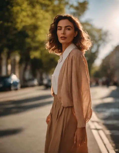 woman dressed casual, casual mood, with oversized retro clothes, walks in the street, low angle shot, half length shot, sunny day, high quality photo