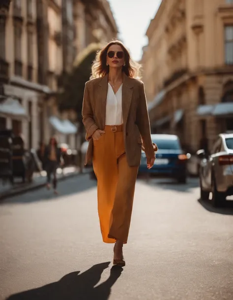 woman dressed casual, casual mood, with oversized retro clothes, walks in the street, low angle shot, half length shot, sunny day, high quality photo