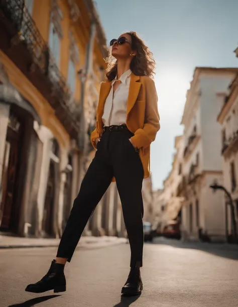 woman dressed casual, casual mood, with oversized retro clothes, walks in the street, low angle shot, half length shot, sunny day, high quality photo