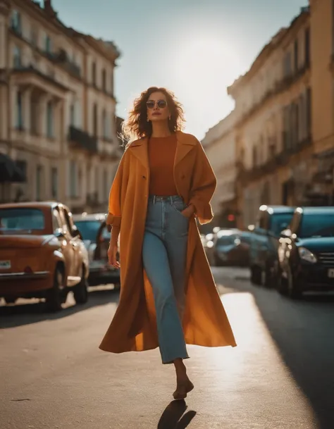 woman dressed casual, casual mood, with oversized retro clothes, walks in the street, low angle shot, half length shot, sunny day, high quality photo