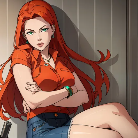 invincible, masterpiece, best quality, 1girl,  solo, orange hair,green eyes,crossed arms, cigarette, bracelet, lips, piercing, a...